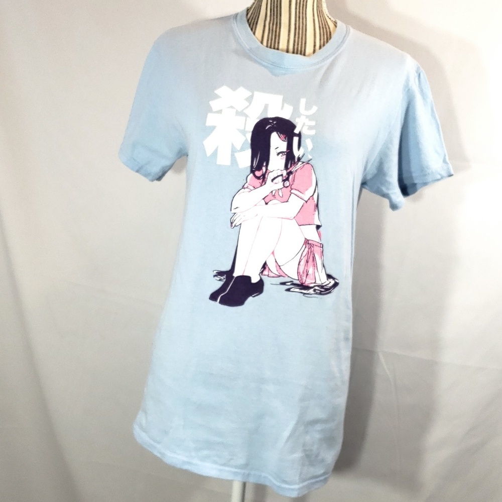 Gildan Blue Pink White Black Anime Sad Girl Cutting Hair Short Sleeve Tee Small